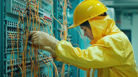 An electrician in a yellow raincoat and safety gear carefully inspects and repairs a control panel filled with wires in an industrial workspace.の素材