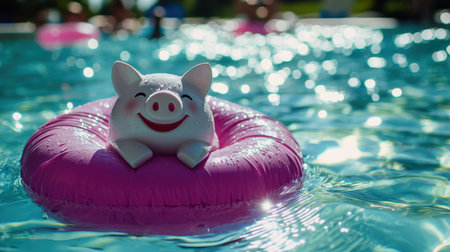 A cute pig-shaped inflatable float smiles happily while drifting in a sunlit swimming pool, creating a cheerful summer atmosphere perfect for relaxation and fun.の素材