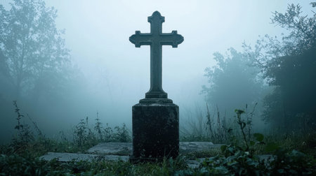 A haunting scene of a stone cross emerging from a dense fog in an overgrown cemetery. This atmospheric landscape evokes feelings of solitude and mystery.の素材