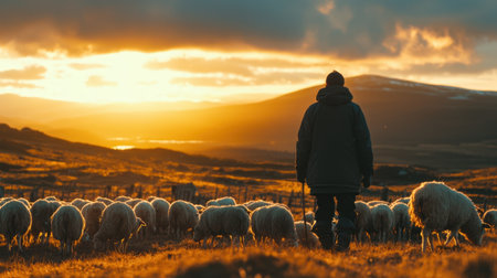 A solitary figure stands amidst a flock of sheep in a golden pasture during sunset. The scene captures the tranquility of rural life and stunning natural beauty.の素材