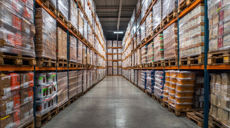 Explore a spacious warehouse aisle showcasing neatly stacked pallets, organized inventory, and efficient storage solutions for industry needs.の素材