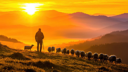 A shepherd stands with a dog, guiding a flock of sheep across a misty landscape at sunrise. The vibrant orange sky highlights a peaceful rural scene, perfect for nature enthusiasts.の素材