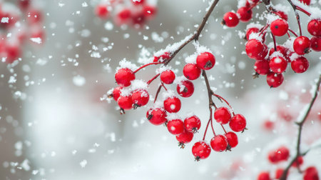 A beautiful winter scene featuring bright red berries on branches, delicately adorned with soft snowflakes, creating a tranquil holiday atmosphere.の素材