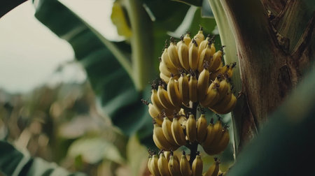 A close-up view of ripe yellow bananas growing in clusters on a banana tree surrounded by lush green leaves in a tropical setting.の素材