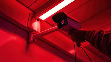 A close-up perspective of a hand gripping a security camera, highlighted by striking red lighting, emphasizing themes of surveillance and modern technology in indoor settings.の素材