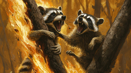 Two raccoons cling to a tree, their fierce expressions contrasting with the fiery backdrop of a forest in flames, capturing a moment of survival.の素材