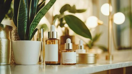 Beautifully arranged skincare products on a counter, complemented by lush greenery, radiating tranquility and elegance in a serene environment.の素材