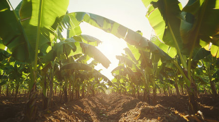 A vibrant banana plantation fills the frame with lush green leaves reaching toward the bright sunlight. The rich soil showcases the vitality of agriculture, creating a peaceful and serene rural landscape.の素材