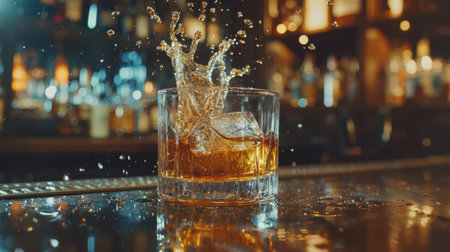 A high-speed capture of a whiskey cocktail splashing in a glass, showcasing moments of liquid motion and the vibrant bar ambiance.の素材