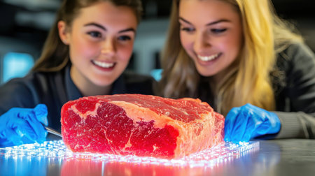 Two young women actively engage in the analysis of fresh cut red meat within a modern kitchen laboratory, showcasing scientific methods in food inspection.の素材