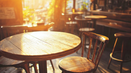 A cozy wooden table paired with a charming chair captures the warm sunlight inside , creating an inviting atmosphere for relaxation and socializing.の素材