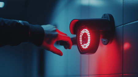 A hand reaches toward a red light security camera installed on a wall, capturing a moment of interaction in a dimly lit urban environment.の素材