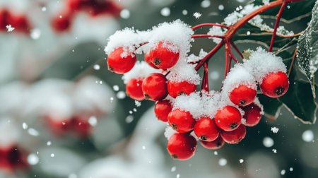 Captivating image of fresh red berries dusted with snow, highlighting nature's beauty during winter. Perfect for seasonal themes and decor.の素材