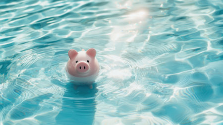 A charming piggy bank floats playfully on the surface of a clear blue pool, symbolizing the importance of saving and financial planning in a delightful setting.の素材