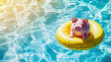 A delightful scene featuring a pink pig resting on a yellow inflatable ring in a shimmering blue swimming pool, under bright sunlight. Ideal for summer themes.の素材