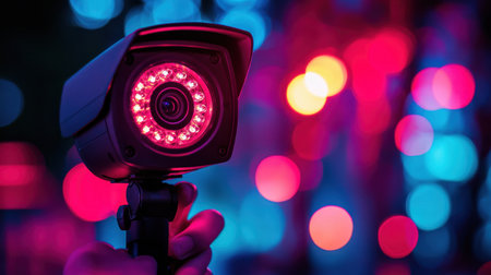 A close-up view of a security camera featuring a vivid light display in the background, showcasing contemporary urban design and safety technology.の素材
