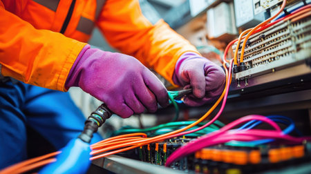 An electrician skillfully manages colorful cables and wires within a control panel, showcasing expertise in maintenance and repairs within a technical environment.の素材