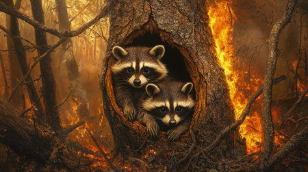 This striking image captures two playful raccoons peering out from a hollow tree amid a backdrop of devastation from a forest fire, showcasing the resilience of wildlife.の素材