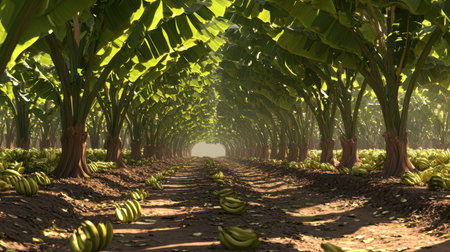 A stunning view of a lush banana plantation showcasing vibrant green leaves, sunlight streaming through, and ripe fruits on the ground.の素材
