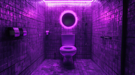 A modern bathroom featuring a neon pink glow, round mirror, and clean toilet, showcasing unique interior design elements that create a vibrant atmosphere.の素材