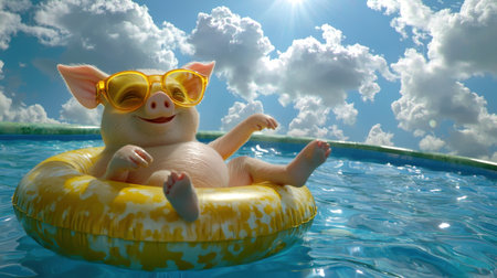 Adorable cartoon pig enjoys a sunny day by floating in a pool with oversized sunglasses. Bright colors and fluffy clouds create a cheerful atmosphere.の素材