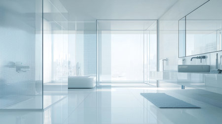 A contemporary bathroom featuring a minimalist design with glass elements that enhance the natural light and spacious feel. Perfect for relaxation and tranquility.の素材