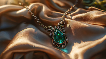 Stunning image of an elegant necklace featuring a captivating green gemstone on a soft satin background, showcasing exquisite style.の素材