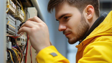 A young technician meticulously works on an electrical panel, showcasing his skills in repair and maintenance while wearing a safety jacket.の素材
