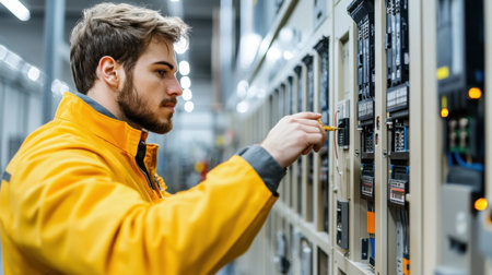 A skilled technician wearing a yellow jacket adjusts a control panel in a modern industrial space, highlighting dedication and expertise in technology.の素材