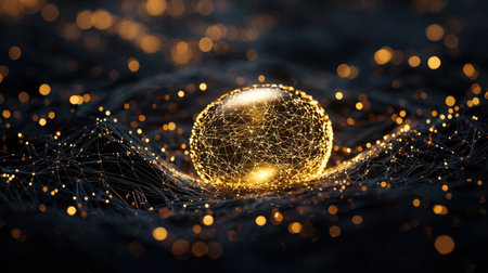 A mesmerizing glowing sphere sits at the center, surrounded by a web of golden lights against a dark backdrop, creating an ethereal ambiance.の素材