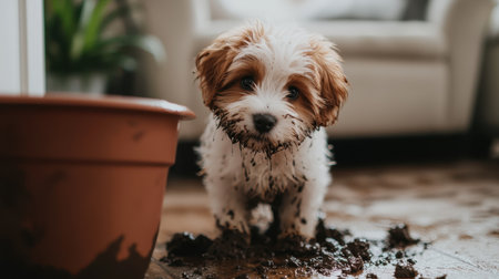 A cute and messy puppy sits in a cozy living room, covered in mud with a playful expression. The dog dirtied face and paws convey joy in this indoor setting.の素材