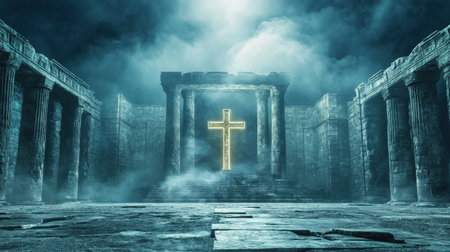 An enchanting scene featuring ancient temple ruins shrouded in fog and illuminated by a glowing cross, creating a mystical atmosphere.の素材