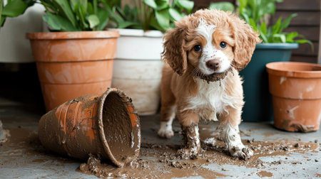 A playful puppy stands amidst the chaos of dirt and overturned pots. This delightful scene captures the joy and messiness of pet ownership in a vibrant indoor garden.の素材