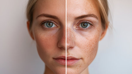 A captivating portrait of a young woman showcasing both natural skin and freckles, emphasizing beauty diversity and confidence in a fresh look.の素材
