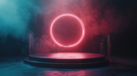 This captivating image showcases a futuristic stage setting featuring a neon circle amidst colorful mist, perfect for event promotion and artistic projects.の素材