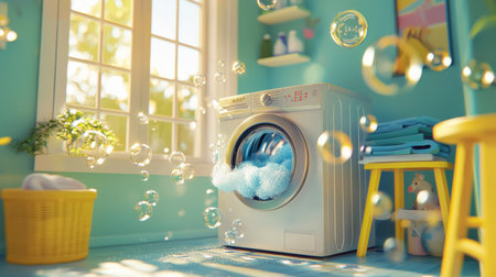 A vibrant and welcoming laundry room showcasing a washing machine with bubbles, fresh towels, and natural light streaming through the windows.の素材
