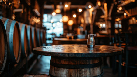A cozy brewery interior showcasing wooden barrels and warm ambient lighting. The inviting atmosphere creates a perfect backdrop for relaxing and socializing.の素材