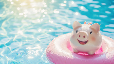 A charming pink pig toy floats on a bright pool ring in clear blue water, capturing the essence of summer joy, relaxation, and playful vibes.の素材