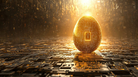 A captivating golden egg with a lock symbol stands amidst an abstract digital landscape, symbolizing security and innovation in technology.の素材