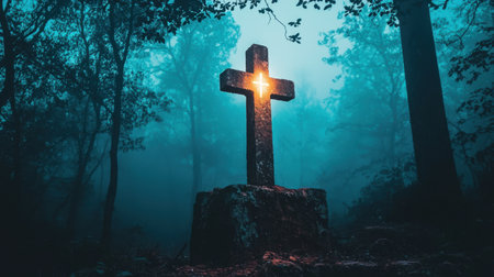 This captivating image features a glowing cross standing tall in a misty forest at night, enveloped in an ethereal blue atmosphere.の素材