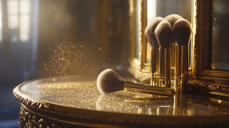 A captivating scene showcasing premium makeup brushes elegantly arranged on a shiny vanity. The enchanting light creates a magical ambiance with sparkling dust, perfect for beauty and fashion themes.の素材