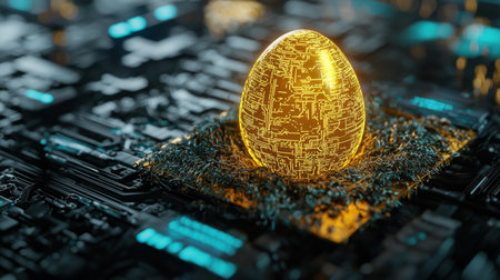 A striking golden egg resting on a circuit-patterned surface, illuminated with a soft glow, symbolizes innovation and creativity in technology.の素材