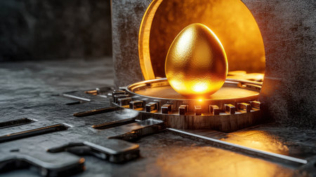A stunning golden egg radiates warmth and luxury within an industrial laboratory setting, showcasing creativity and innovation in design.の素材