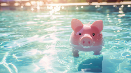 A charming pink piggy bank toy floats gracefully in a sunlit swimming pool, surrounded by sparkling water reflections, evoking summer joy.の素材