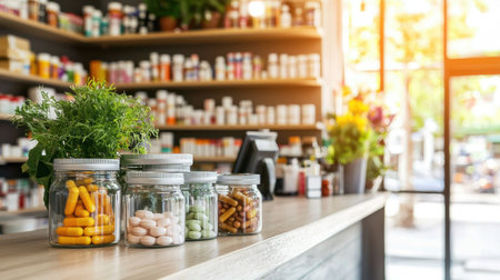 A bright and inviting scene showcasing various herbal supplements and vitamins in glass jars on a store counter. Natural light enhances the vibrant colors of the products, emphasizing health and wellness.の素材