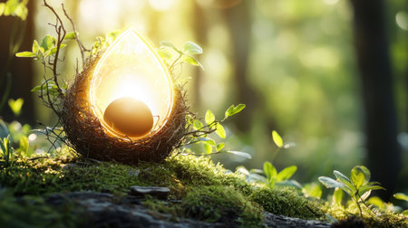 A captivating image of a glowing egg nestled in a natural nest, surrounded by lush greenery and soft light, evoking feelings of serenity and renewal.の素材