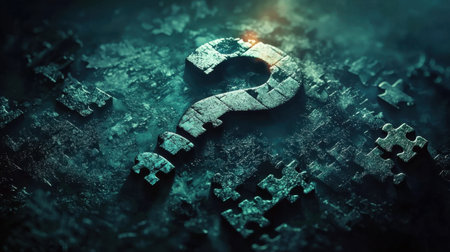 An abstract depiction of a question mark made from puzzle pieces set against a dark and textured background. The dramatic lighting enhances the mystery, inviting contemplation and exploration of unanswered questions.の素材