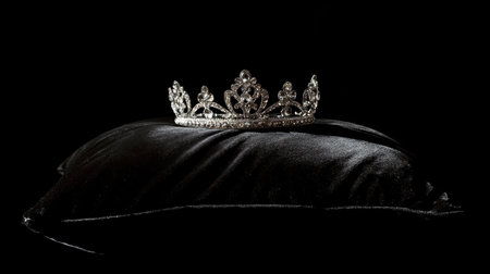 A stunning silver tiara sits gracefully on a plush black velvet pillow, creating a striking contrast. Ideal for themes of royalty and elegance.の素材