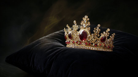 This stunning image features an elegant golden crown adorned with red jewels, resting gracefully on a plush black velvet pillow. Perfect for themes of royalty, luxury, and elegance.の素材