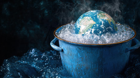 A striking image of a globe resting in a blue bucket filled with ice, surrounded by steam, symbolizing urgent environmental and climate issues.の素材